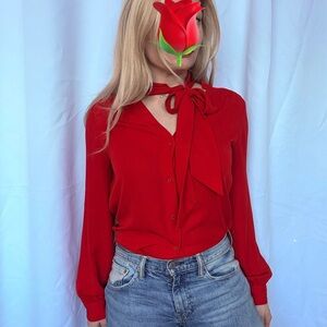 Elegant Red Women's Blouse with neck tie bow for Christmas